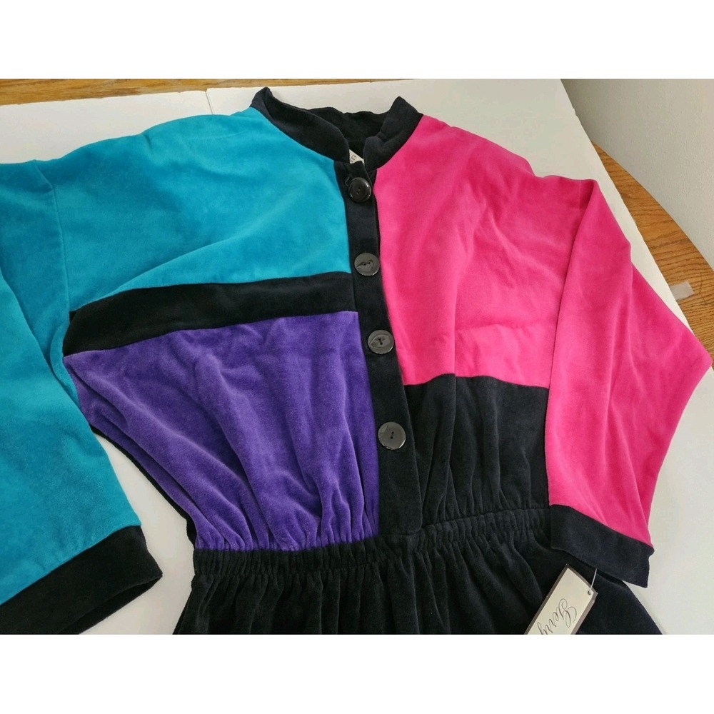 Gerry Vintage Velour 80s Multicolor Shoulder Pad Jumpsuit USA Made Size Large - Picture 6 of 9